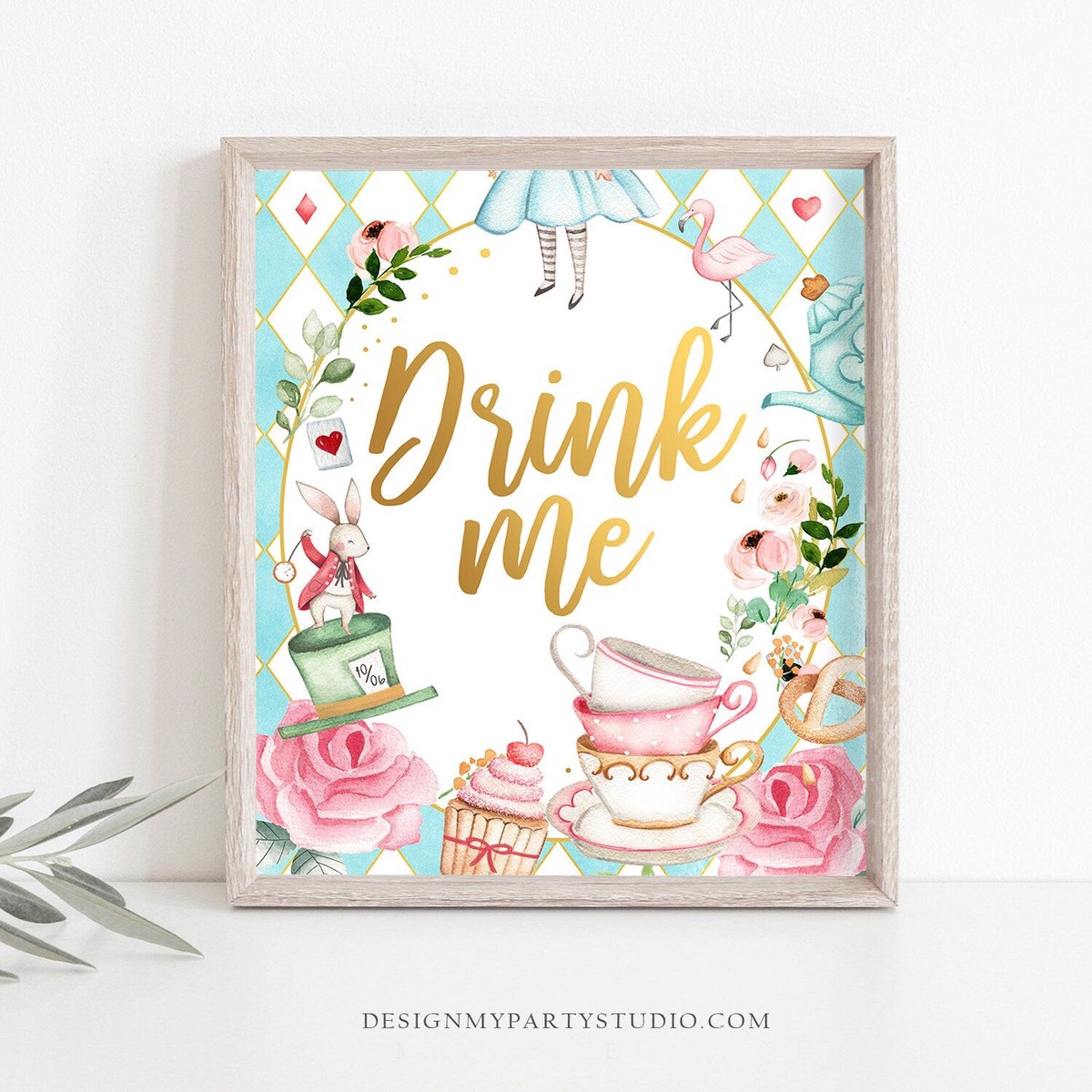 Alice in Wonderland Party Sign Drink Me Sign Mad Tea Party Alice in Onederland Birthday Sign Drinks Table Decor Girl Pink PRINTABLE 0350