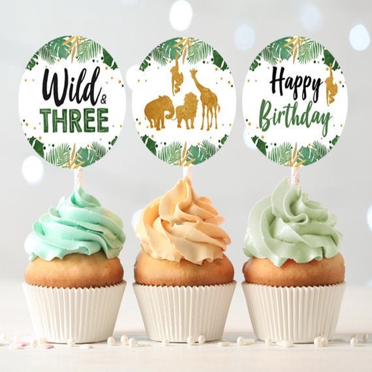Wild & Three Cupcake Toppers Favor Tags Birthday Party Decoration Boy Stickers Safari Animals Black and Gold Digital Download Printable 0016