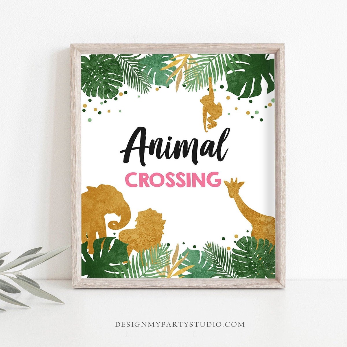 Animal Crossing Birthday Sign Girl Safari Animals Party Wild One Two Wild Tropical Pink Gold Jungle Zoo Table Sign Decor Printable 0016