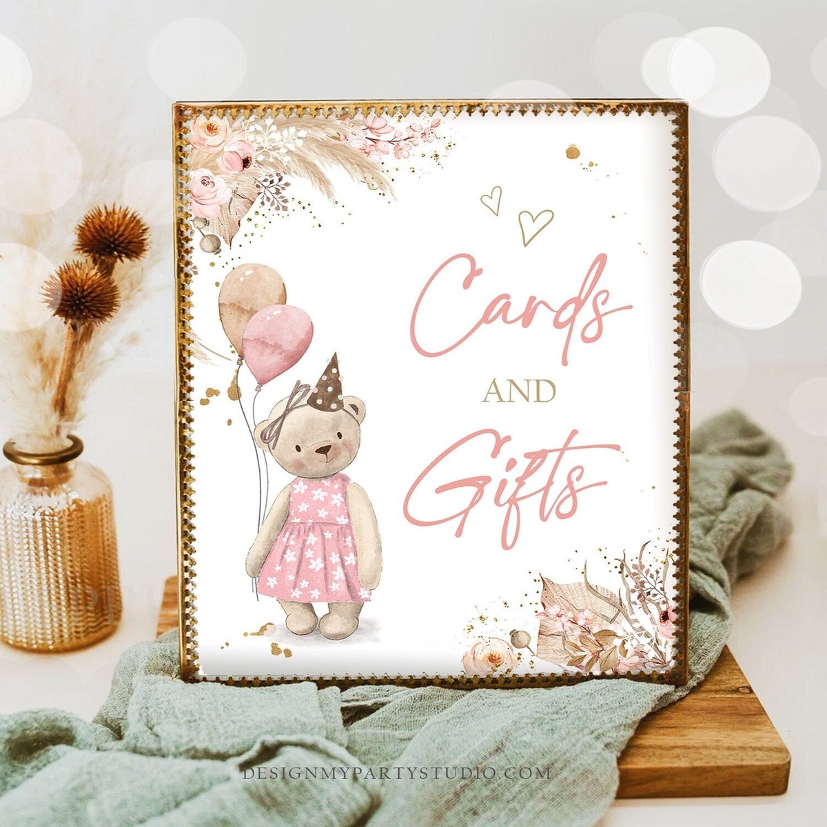 Cards and Gifts Sign Boho Teddy Bear Birthday Sign Bear-y First Birthday Cards Gift Table Sign Treats Table Bear Picnic Decor Printable 0421