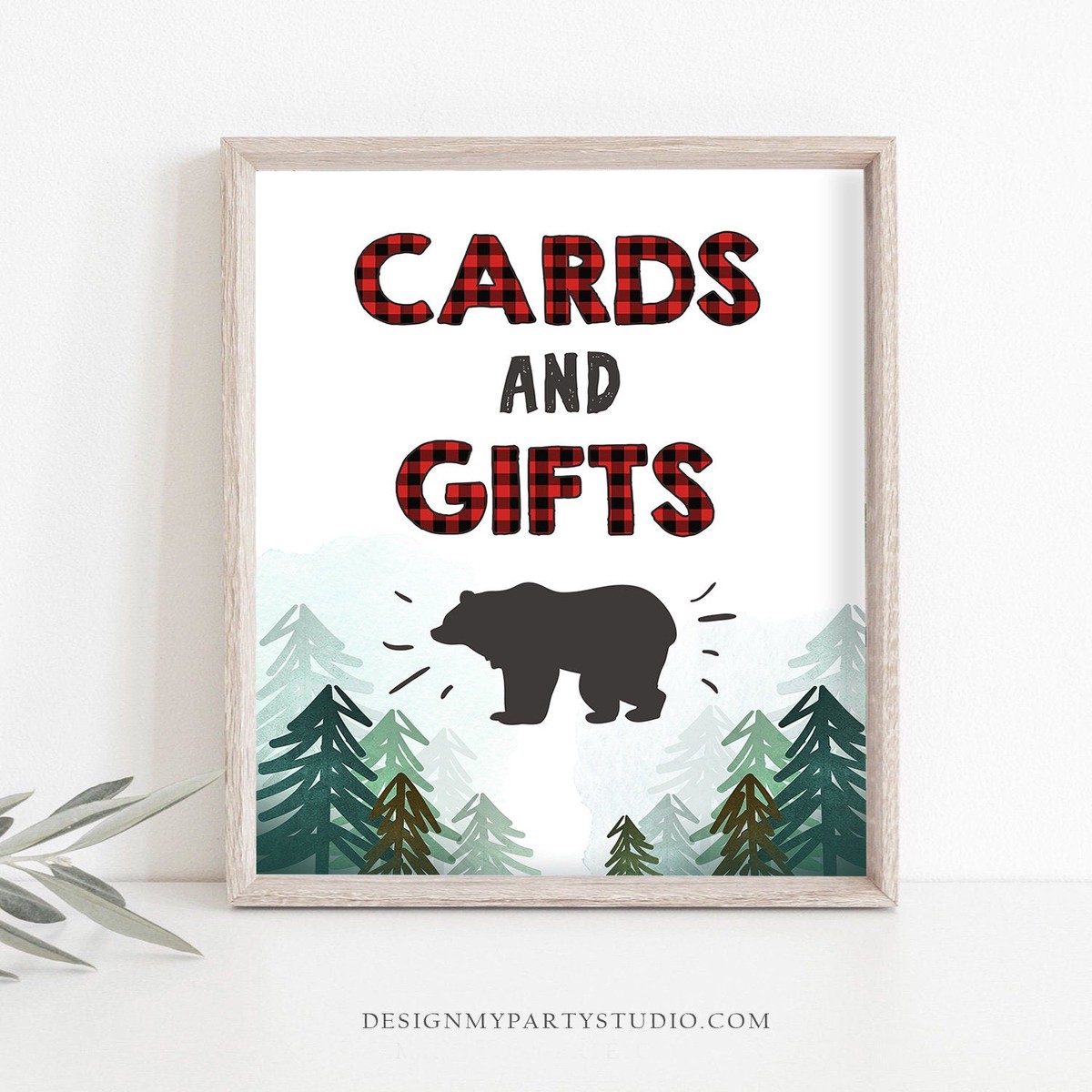 Cards and Gifts Sign Lumberjack Gift Table Sign Lumberjack Birthday Sign Woodland Party Decor Buffalo Plaid Bear Digital Printable 0377