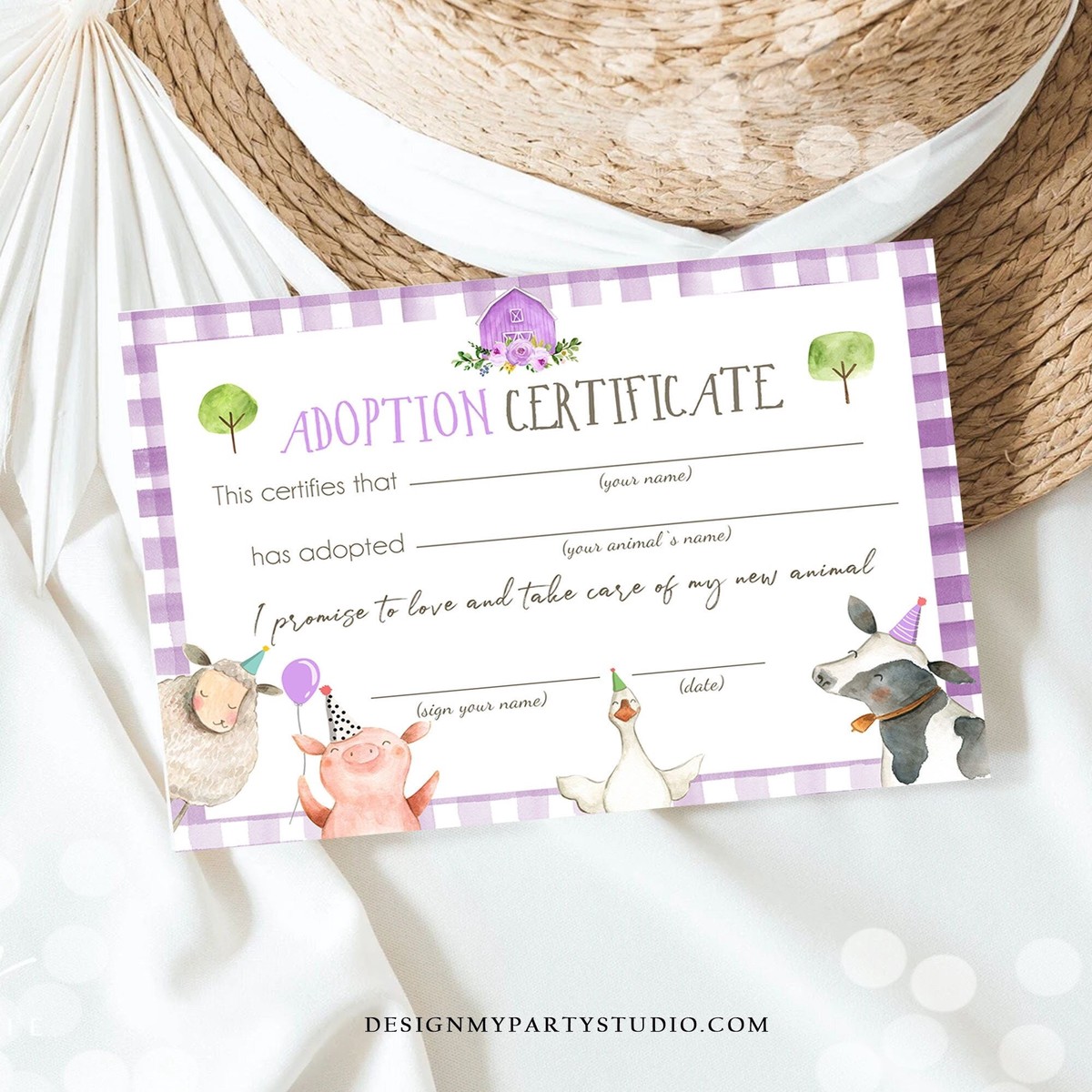 Adopt an Animal Adoption Certificate Farm Animals Adoption Purple Farm Birthday Party Barnyard Birthday Girl Digital Download Printable 0155