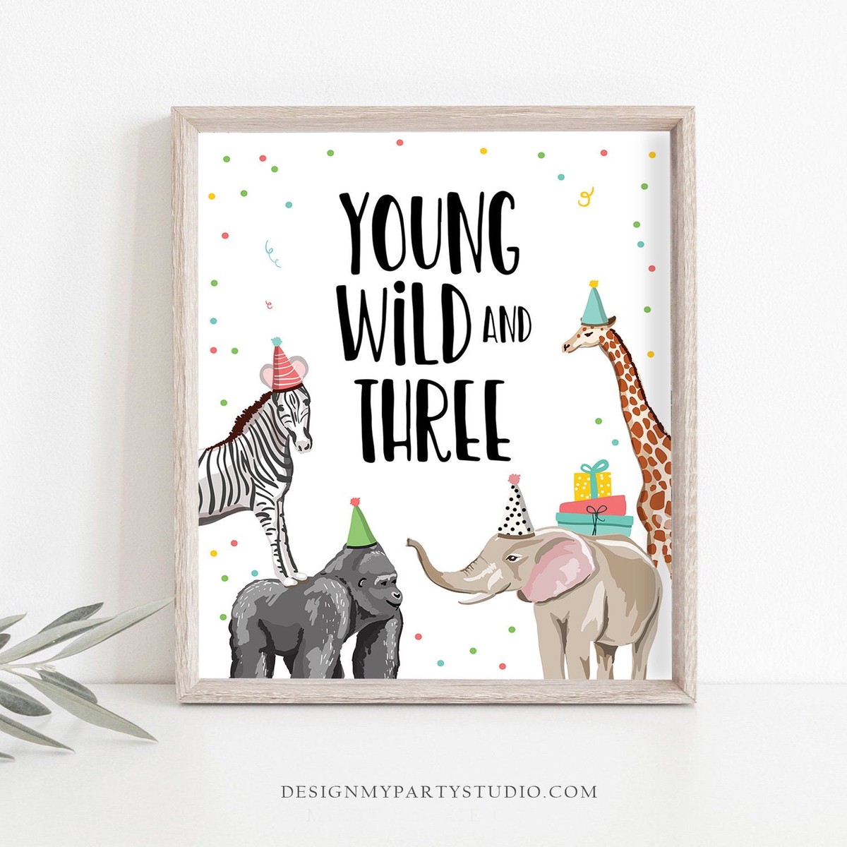 Young Wild and Three Birthday Sign Party Third Birthday 3rd Safari Animals Party Animals Zoo Jungle Girl Boy Decor Download Printable 0142