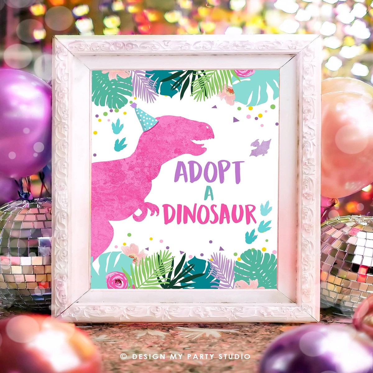 Adopt A Dinosaur Sign Table Decor Dinosaur Birthday Dinosaur Adoption Girl Pink Dino Party T-Rex Prehistoric Digital Download Printable 0423