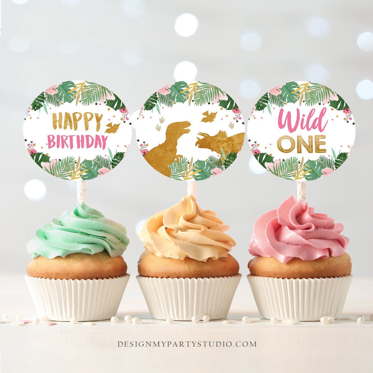 Wild One Cupcake Toppers Favor Tags Dinosaur First Birthday Party 1st Decor Girl Stickers Dino Party Pink Gold Download Printable 0146