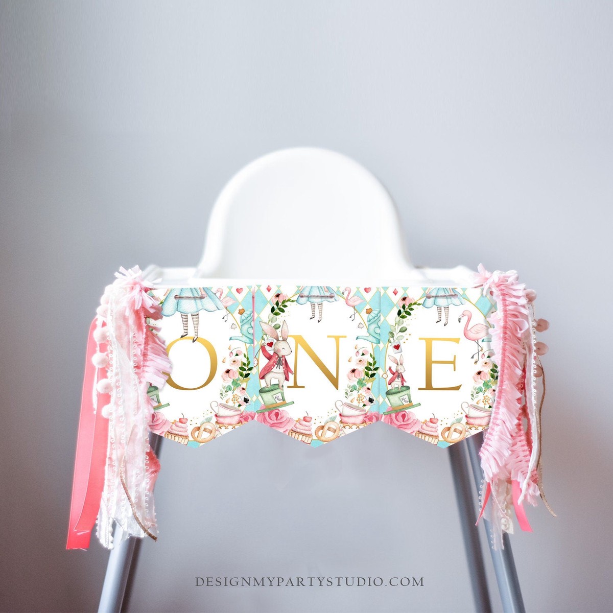 Alice in Onederland High Chair Banner Alice in Wonderland Girl 1st First Birthday Pink Blue Alice Banner ONE Decor PRINTABLE Digital 0350